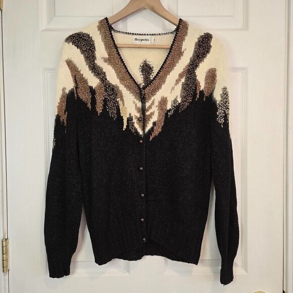 Vintage Magnolia Cardigan Sweater Size‎ M Dynasty 80's Angora Black Gold Ivory - Picture 2 of 9